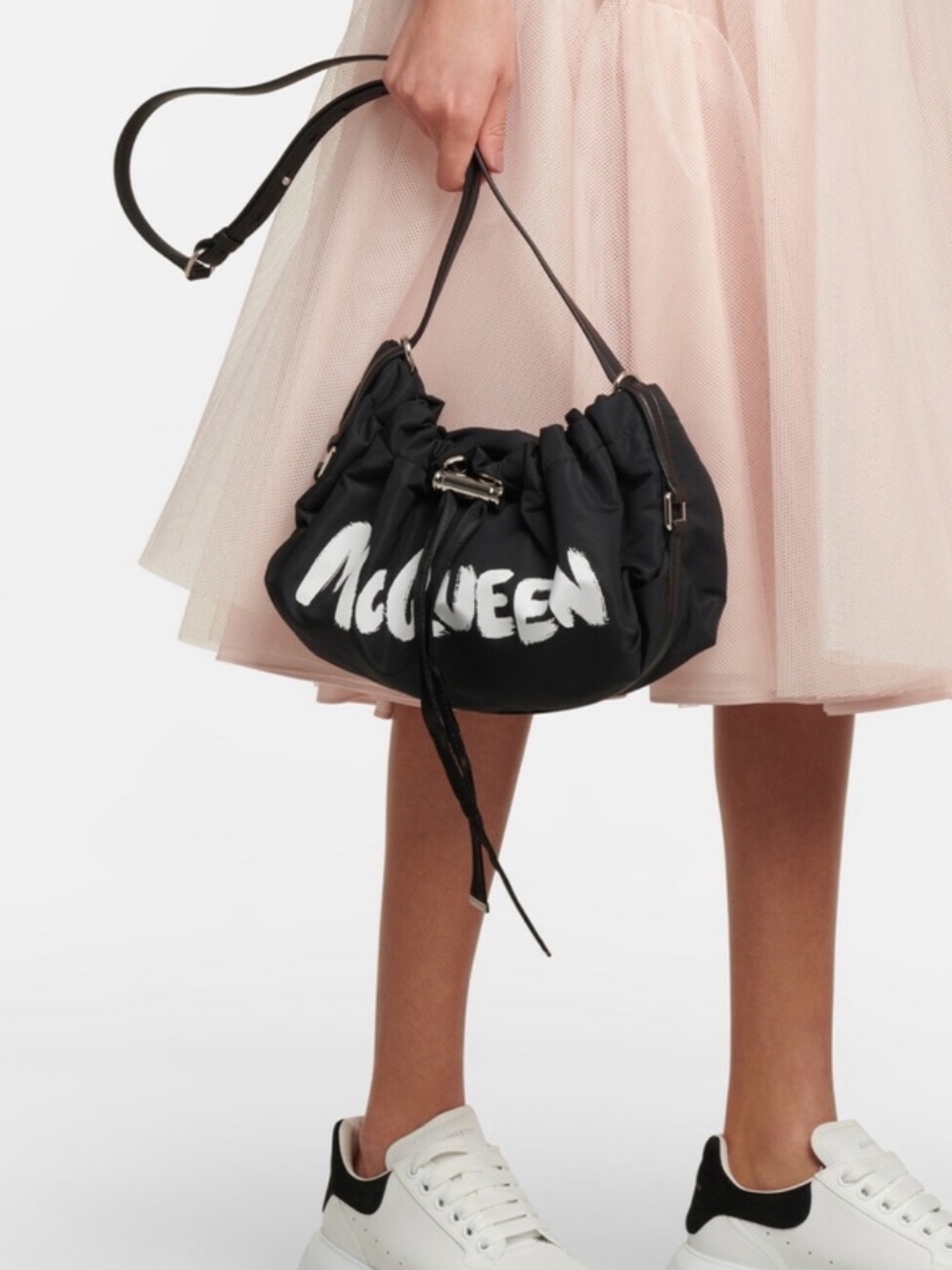 Alexander McQueen Black Mini Bundle Shoulder Bag with White Graffiti Logo